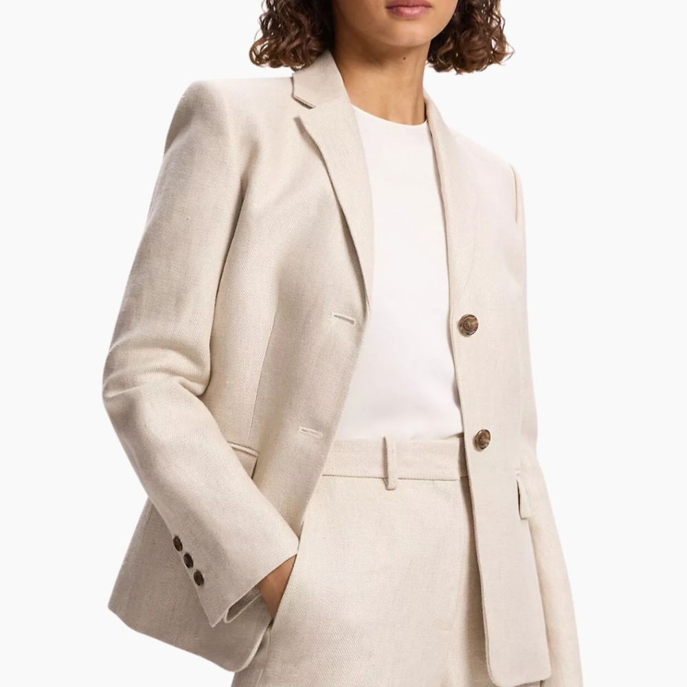 Theory Single Breast Linen Blazer In Straw Basket Tweed